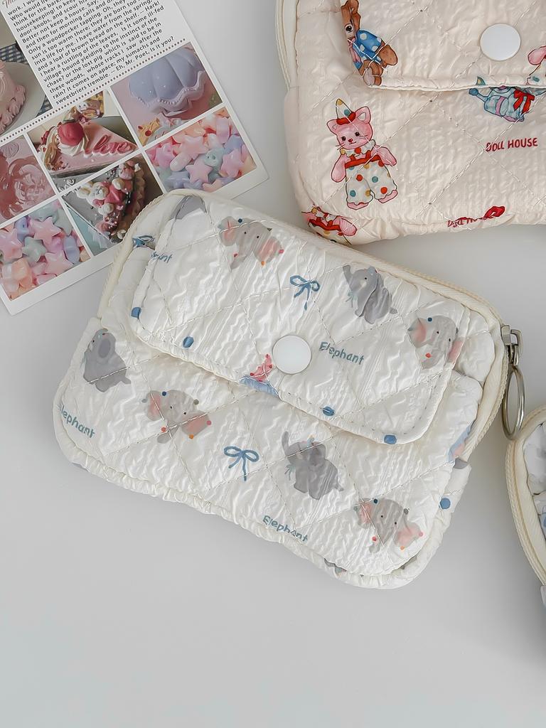 Cute Cartoon Bowknot Print Women's Zipper Change Bags Quilted Plaid Ladies Portable Clutch Storage Bag Female Multi Pocket Purse