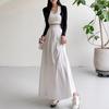 Women Maxi Skirt Elastic High Waist Ruffle Stitching Large Hem Long Skirt Solid Color A-Line Summer Casual Skirt