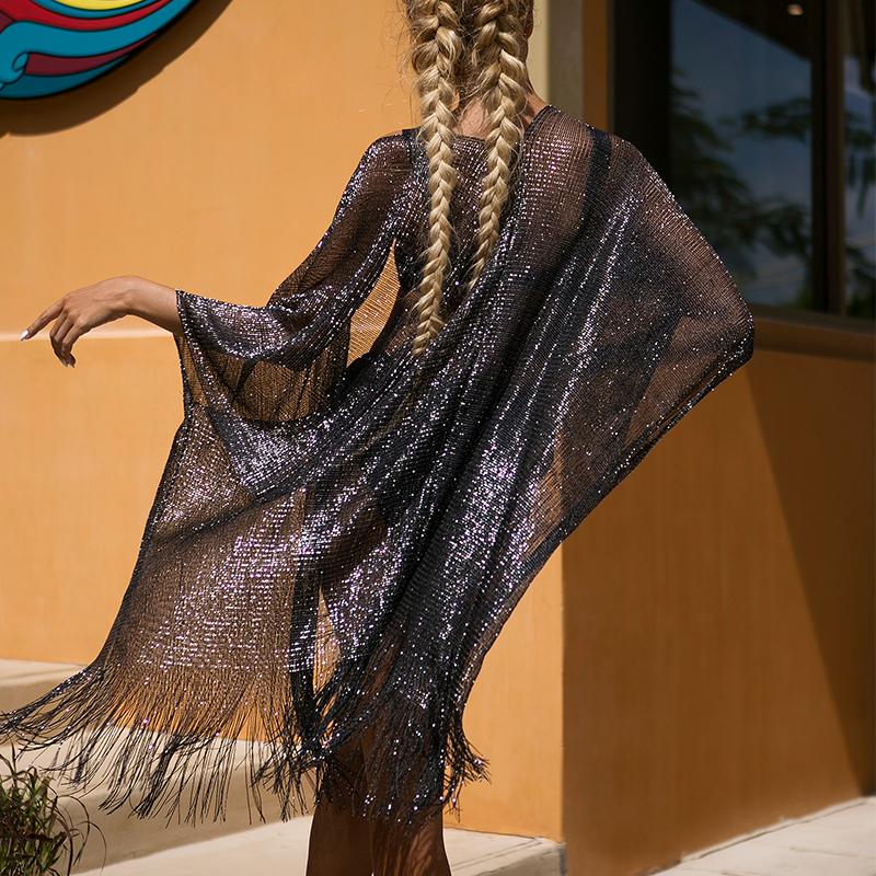 Золотая накидка на бикини с кисточками, сексуальное пляжное платье, туника для женщин, пляжная одежда, лето 2022, прозрачный купальник, накидка, кафтан, новинка