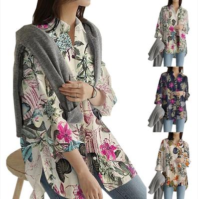 Женская повседневная рубашка большого размера с длинными рукавами и принтом, с квадратным вырезом и пуговицами