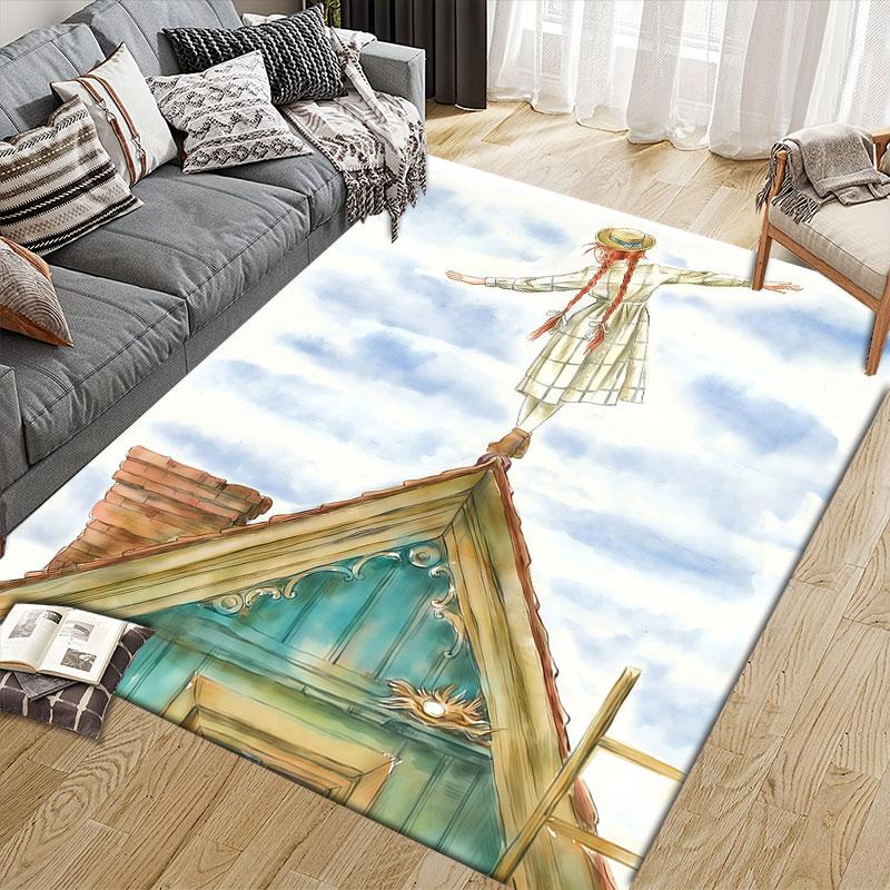 Anne Cartoon Flannel Printed Carpet, Home Sofa Decoration for Living Room & Bedroom, Non‑Slip Play Flannel Floor Mat for Game Room