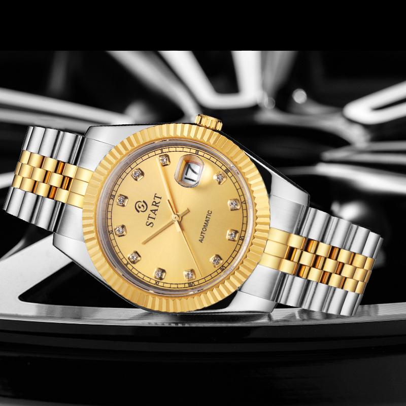 Start Мужские часы с бриллиантовым циферблатом, автоматические механические часы, водонепроницаемые часы с функцией календаря, золотые часы