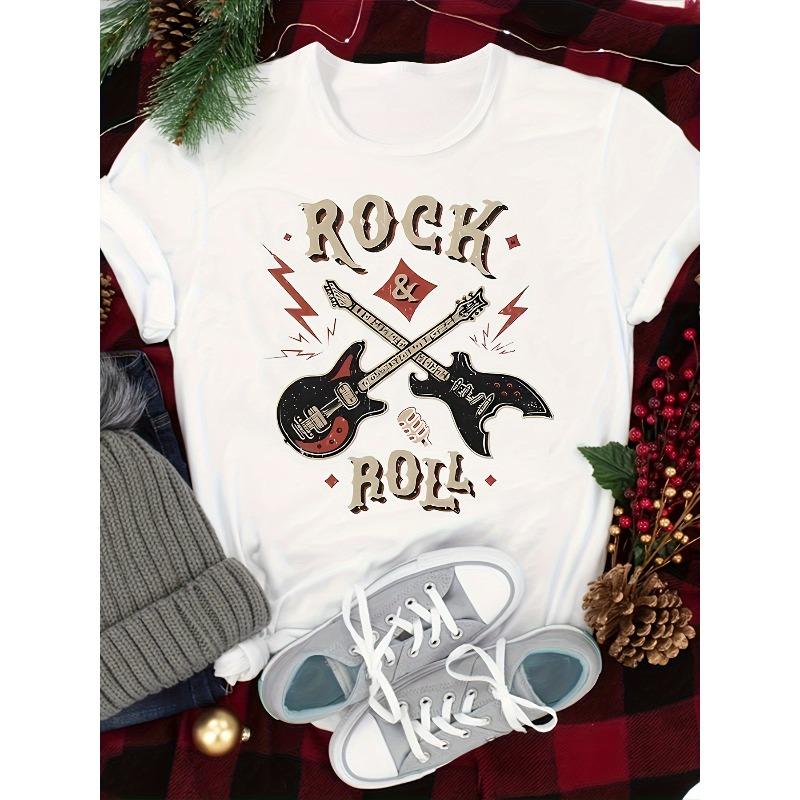 Женская футболка в стиле Rock & Roll, европейский размер - Принт с винтажной гитарой и молнией, мягкий эластичный топ с круглым вырезом и коротким рукавом