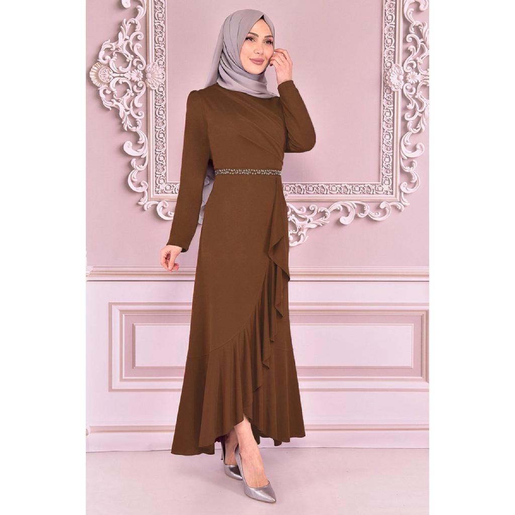 Women's Clothing Evening Dress Fashion Skirt Flounced Belt Stoned Hijab Evening Dress 2497 Black