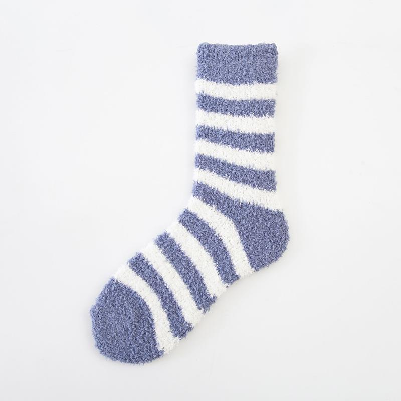 Women's Cozy Striped Coral Fleece Socks - Mid-Tube Warm, Plush Floor/Bed Socks for Autumn & Winter
