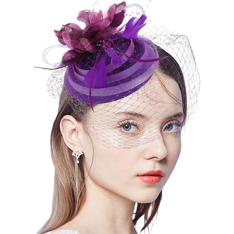 VALICLUD Bridal Hair Accessories Fascinator Headwear Vintage Purple Mesh Flower Mini Hat Wedding Headpiece for Women Special Occasion Banquet