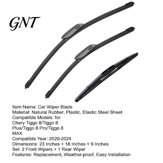 All Weather Rain Wipers 3Pcs/Set Beam Wiper Blades for Chery Tiggo 8 Plus Pro Automotive Cleaning Supplies MAX 2020-2024, 23"+18"+9" Front Rear