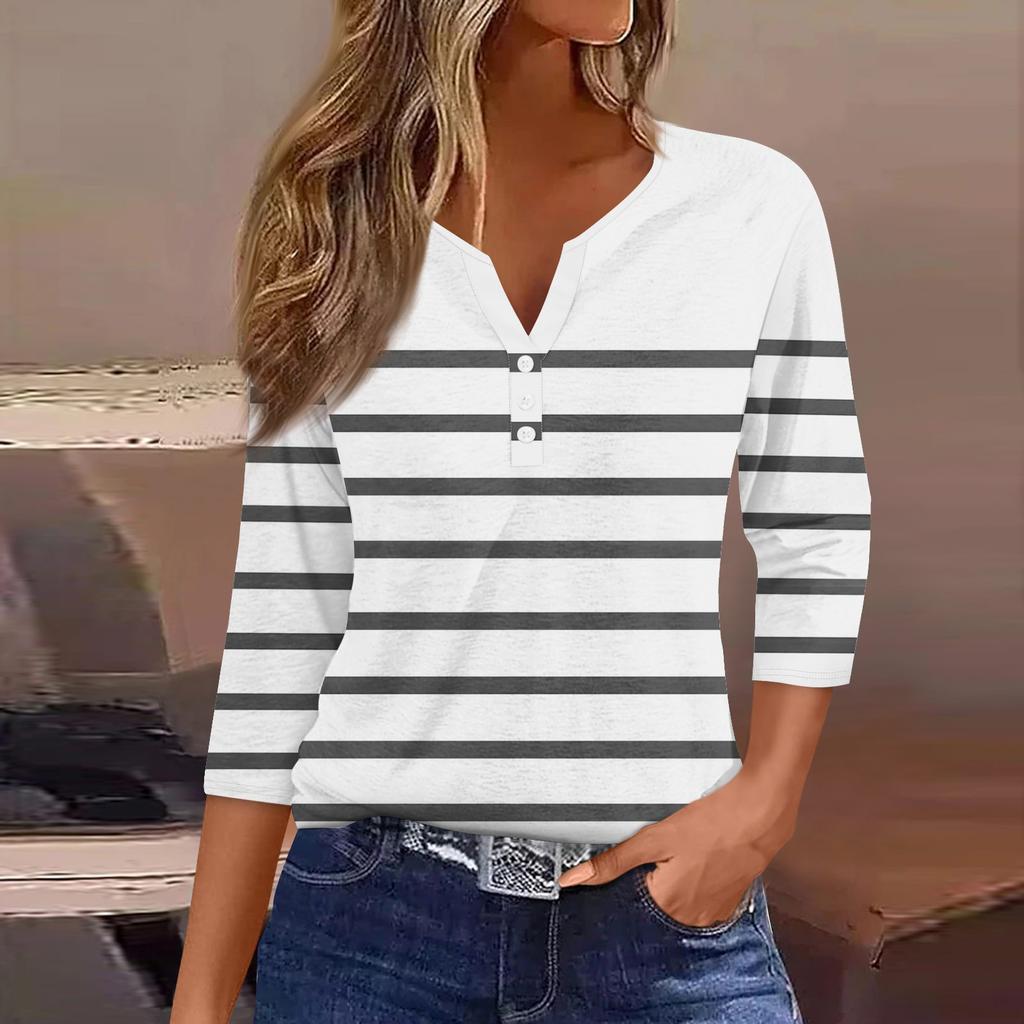 Жен. Футболка Футболка С принтом Пуговицы Рукав 3/4Ежедневно Выходные Мода Классический Топ с v-образным вырезом Обычный