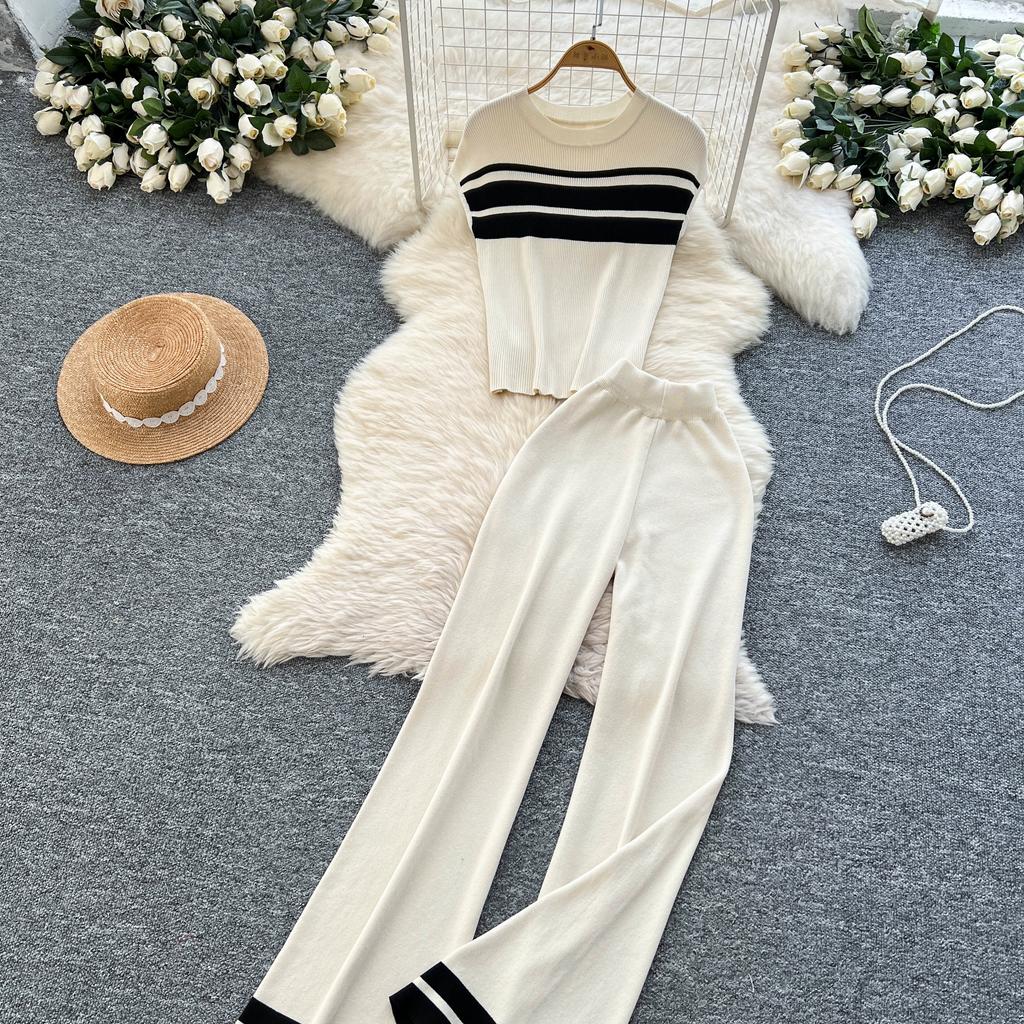 Летний женский повседневный полосатый трикотажный свитер, комплект из двух предметов, безрукавный пуловер и широкие брюки