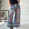Women Pants Drawstring Elastic Waist Exaggerated Printed Design Wide-Leg Trousers Imitation Denim Pants with Pockets