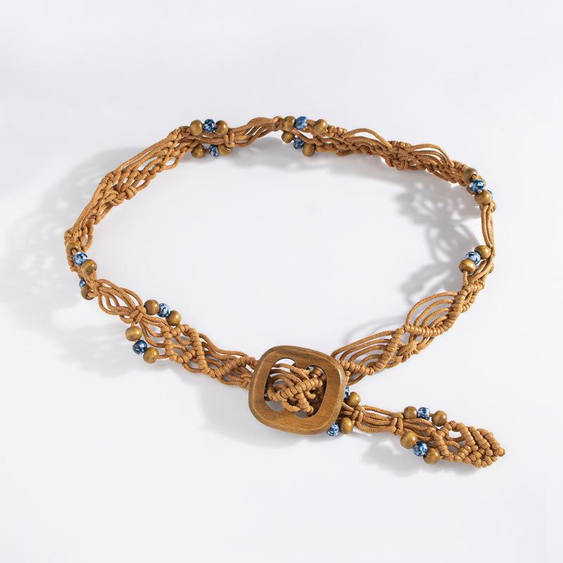 Богемный плетеный пояс из вощеного шнура в этническом стиле ручной работы с деревянными бусинами, повседневный стиль для отпуска, изысканная деревянная квадратная пряжка, пояс-шнур