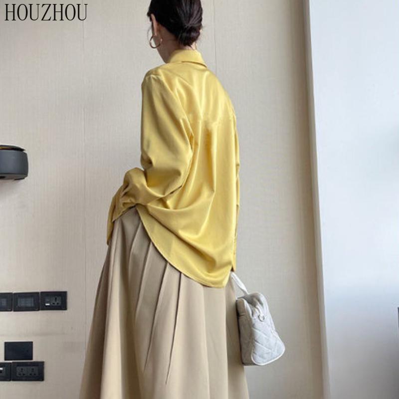 HOUZHOU Шикарная женская рубашка с острым воротником, корейская элегантная ретро-элегантная женская классическая блузка для поездок на работу