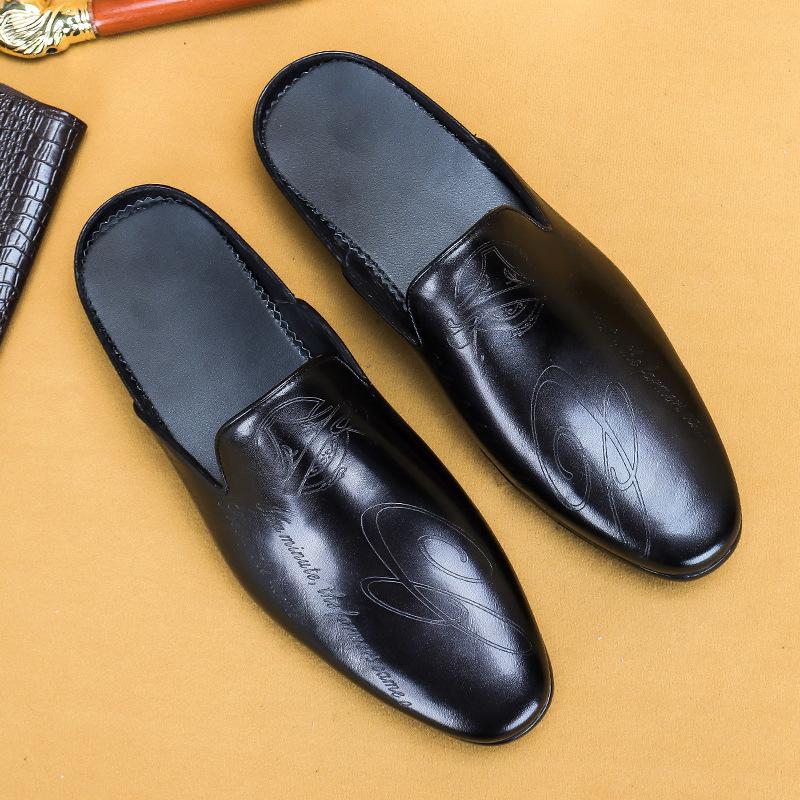 Men'S Shoes Leather Engraved Bag Head Slippers Men'S Outdoor Fashion Leather Shoes Loafers Men Slippers