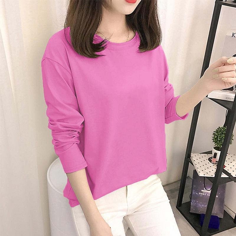 Осень 2023 г. Корейские топы с рисунком - женские футболки с длинными рукавами в однотонных цветах