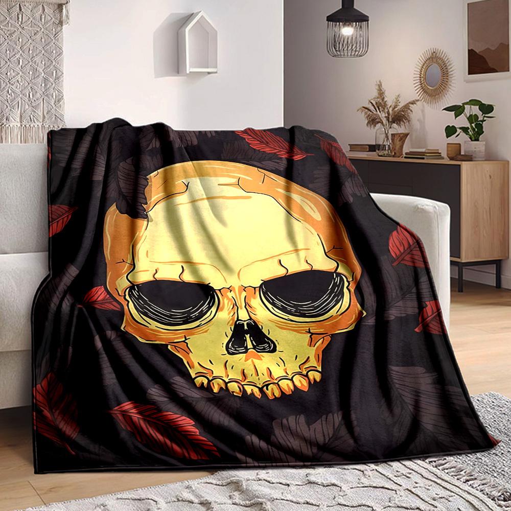 1PC Skull, Leaves Print Blanket, Soft Throw Blanket - Warm & Cozy for Couch, Bed, Office, and Travel yy250912209
