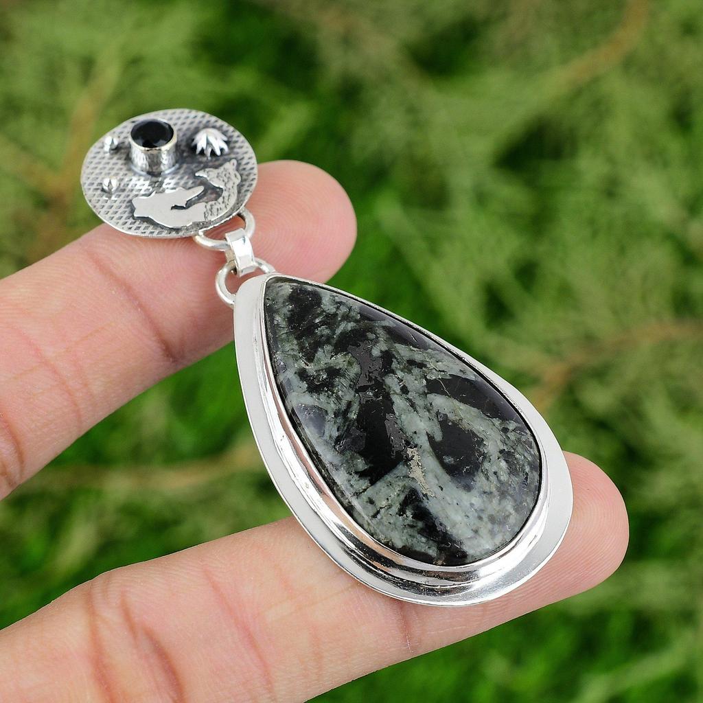 Pear Green Rice Jasper Stone Black Onyx 925 Silver Mermaid New Pendant Jewelry