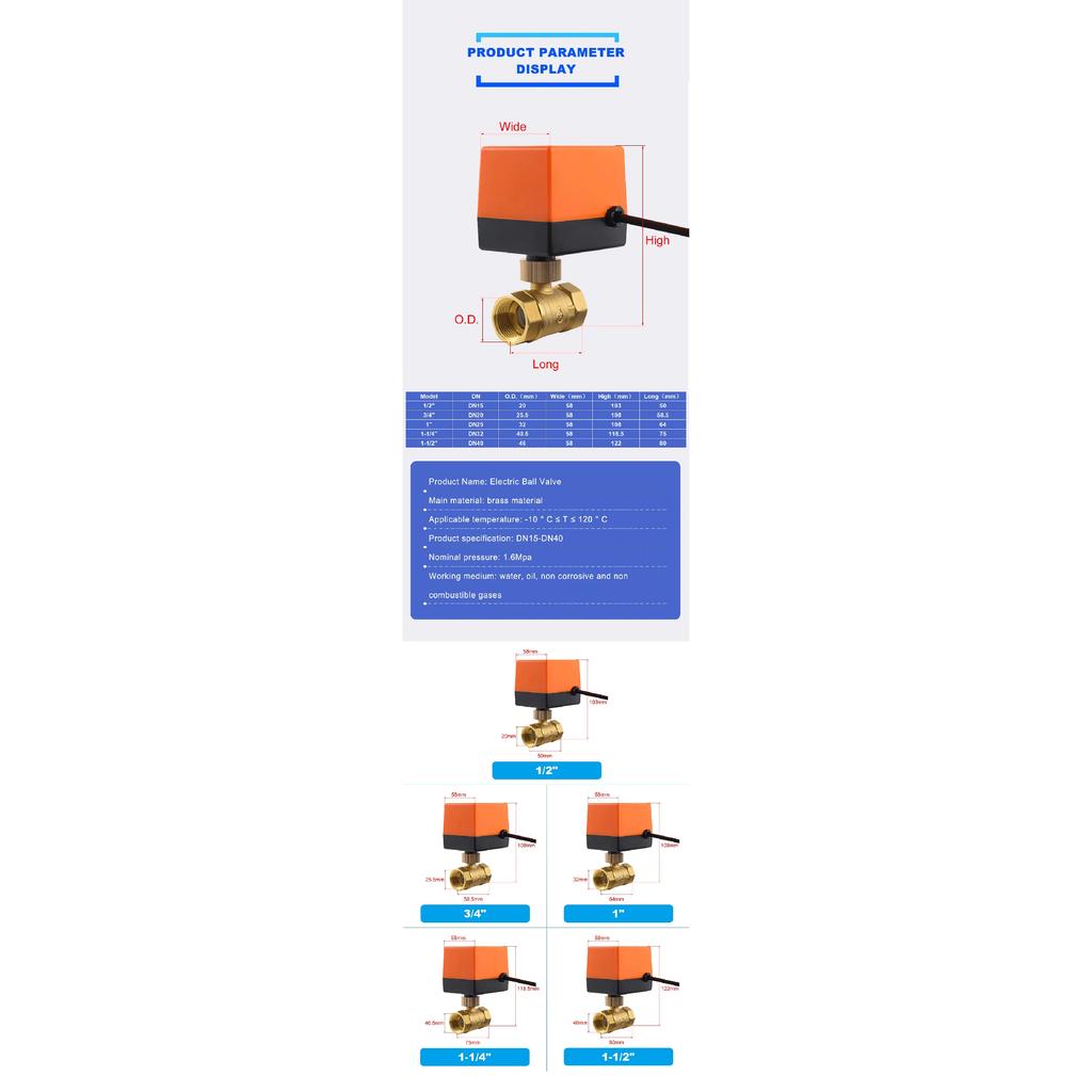 Motorized Brass Ball Valve Electric 2-Way/3-Way DN15-DN20 12V 24V 220V HVAC Fan Coil Solar PTFE IP65 Actuator