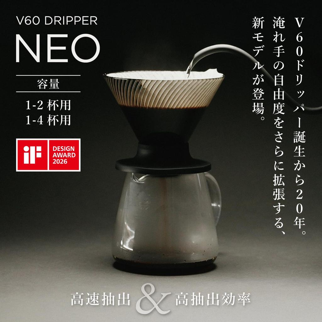 Дриппер HARIO V60 NEO, объем 1-4 чашки, смола Tritan, спиральные ребра, черный, Сделано в Японии, VDN-02-B