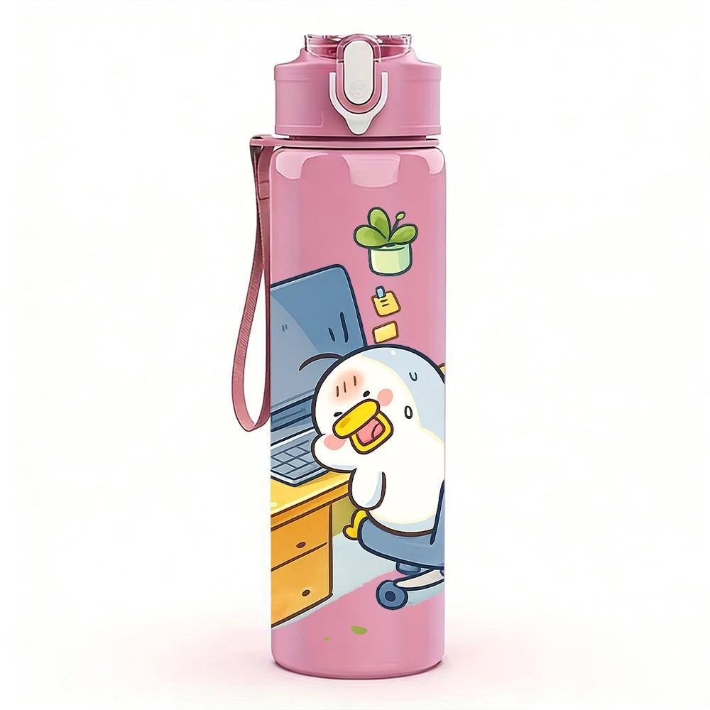 1PC Bear Work Office Cartoon Pattern 750ml Color Plastic Sports Water Bottle Leakproof Flip Straw Lid Suitable for Sports Office Home Use
