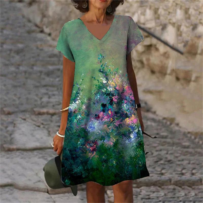 Растения Цветы Тай-дай Градиентный Принт Женское Платье Повседневное V-образный вырез Короткий рукав A-силуэт Платья Лето 2023 Новая Одежда Оверсайз