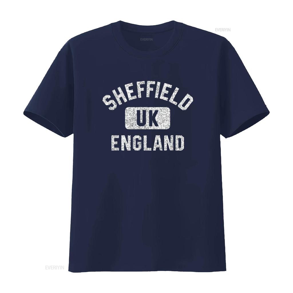 Мужская футболка Sheffield Англия Великобритания Стиль спортзала Потертый Белый принт Черный винтажный Стиранный Удобная Мягкая мода Немного