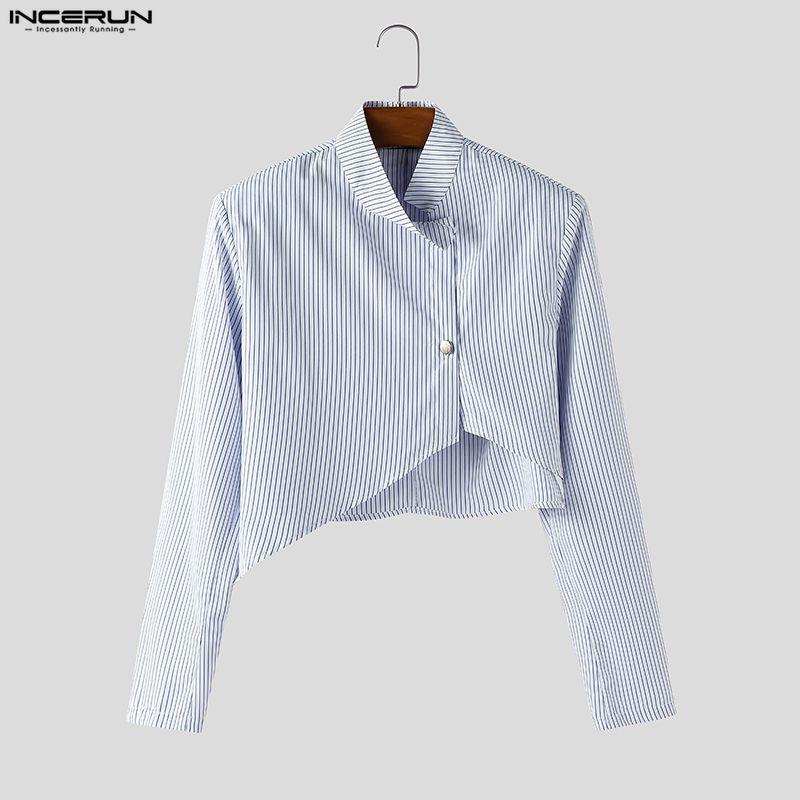 INCERUN Мужские наряды Стойка воротник Полосатый Длинный рукав Кроп-топы На молнии С высокой талией Длинные брюки Комплекты