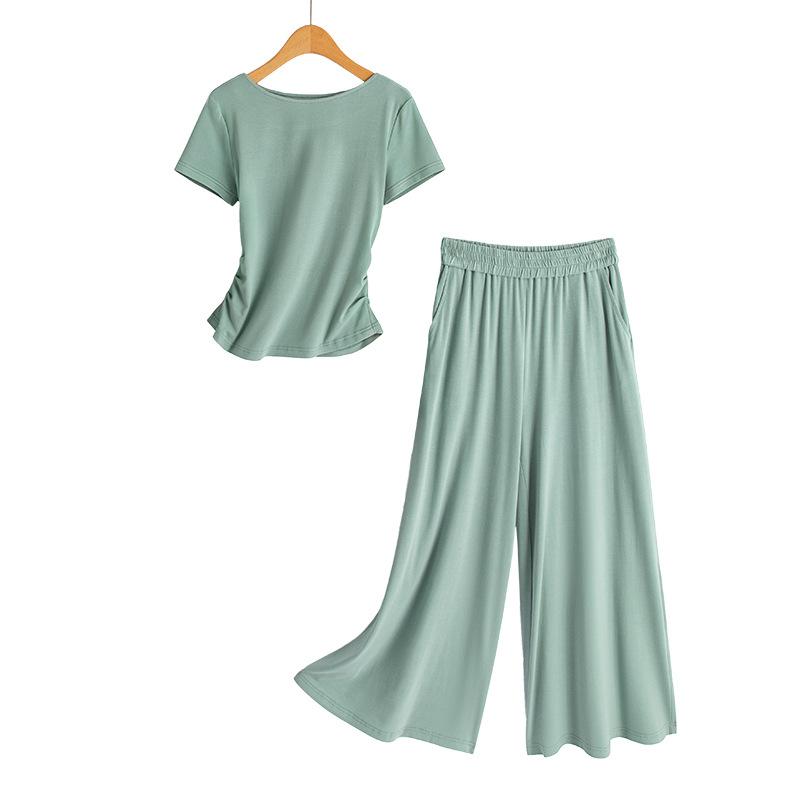 Summer new mint green round neck short-sleeved wide-leg culottes two-piece set women's summer thin fashion casual women's suit
