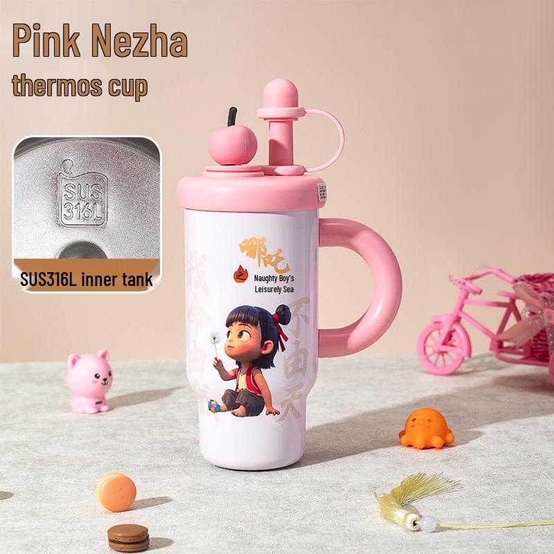Кружка-непроливайка со звездой Нечжа, с трубочкой и ручкой - Большой объем, очаровательный дизайн для девочек