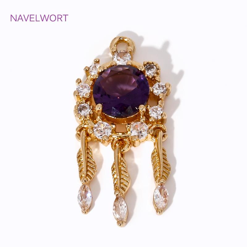 14mm*28.5mm 18K Gold Plated Dreamcatcher Charms Pendant,Inlaid Zircon Pendants For Earrings,DIY ewelry Making Accessories