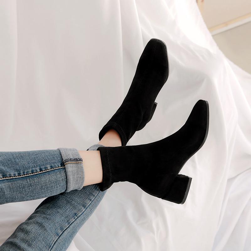 Мода Новая Женская Обувь Высокие Каблуки Слипоны Ботильоны Зимние Эластичные Носки Ботильоны Элегантные Квадратные Высокие Каблуки Обувь Женская Большой Размер 32-43