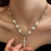 Fashion Ins Wind Hip Hop Retro Pearl Necklace Christian Cross Clavicle Chain Ladies Sweet Punk Pendant Men and Women