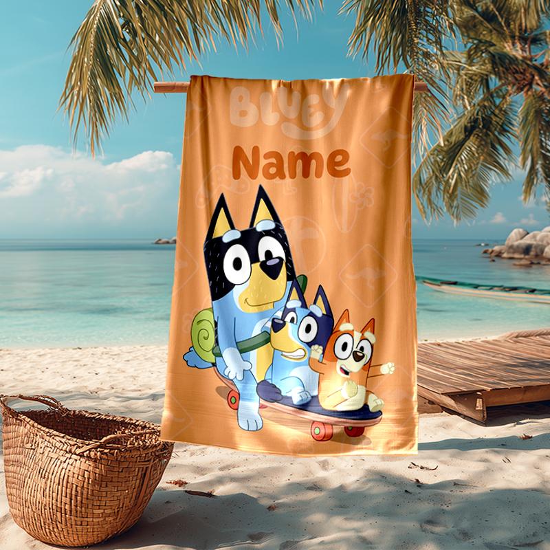 Custom Name Ultra-Soft Beach Towel with Bluey Theme,Ideal for Pool - Camping, Diving - Perfect Travel Essential, Vibrant Beach Towel.