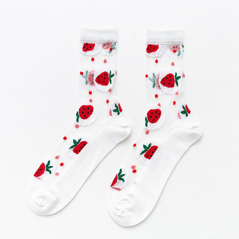 Женские тонкие прозрачные носки из хрустального стекла и шелка, милые летние сетчатые носки с фруктами: клубникой, авокадо, персиком и арбузом