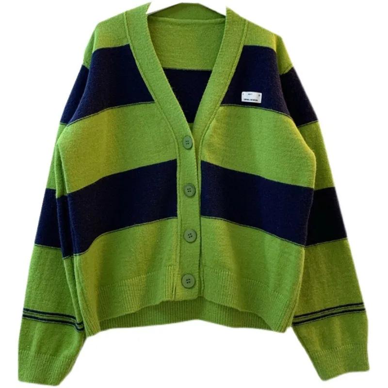 Зеленая куртка, кардиган, женский осенний свободный полосатый удобный топ с v-образным вырезом, эластичный, повседневный, универсальный