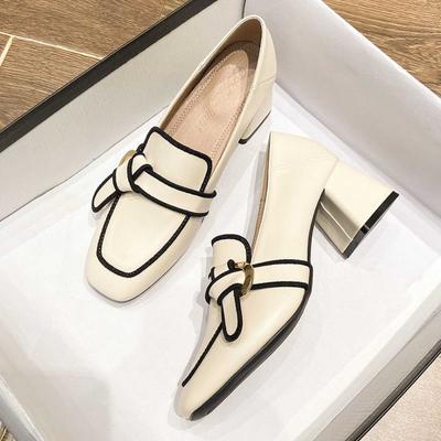 2024 Новые весенне-осенние женские туфли с квадратной головкой, классические женские туфли с британским бантом на толстом каблуке, мягкие кожаные женские туфли на высоком каблуке