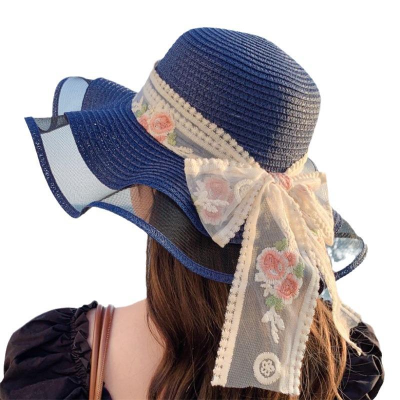 Женская соломенная шляпа с широкими полями в корейском стиле - Летняя пляжная с бантом, защита от солнца