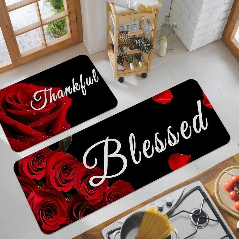 Valentine'S Day Red Rose Rug Set - 3-Piece Non-Slip Kitchen Rug, Bathroom Entrance Mat, Romantic Home Decor Gift