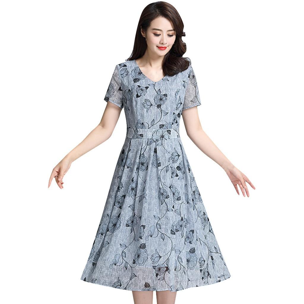 Модное женское повседневное платье трапециевидной формы с цветочным принтом и v-образным вырезом с короткими рукавами, длинное платье