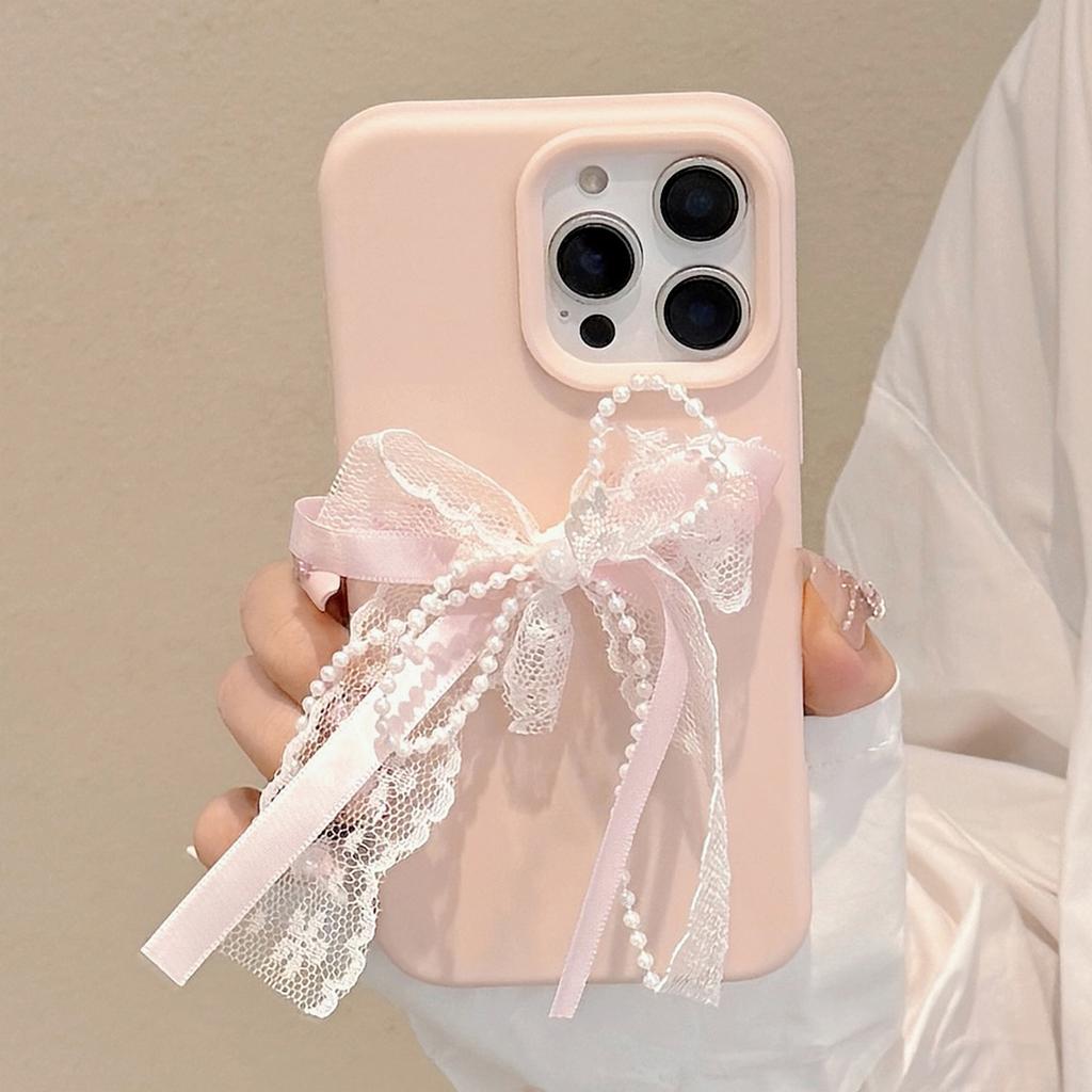 Розовое кружево, жемчужный узел, подходит для iPhone 16, чехол для iPhone 17, 14pro Max, силиконовый, 13, трехмерный, 15