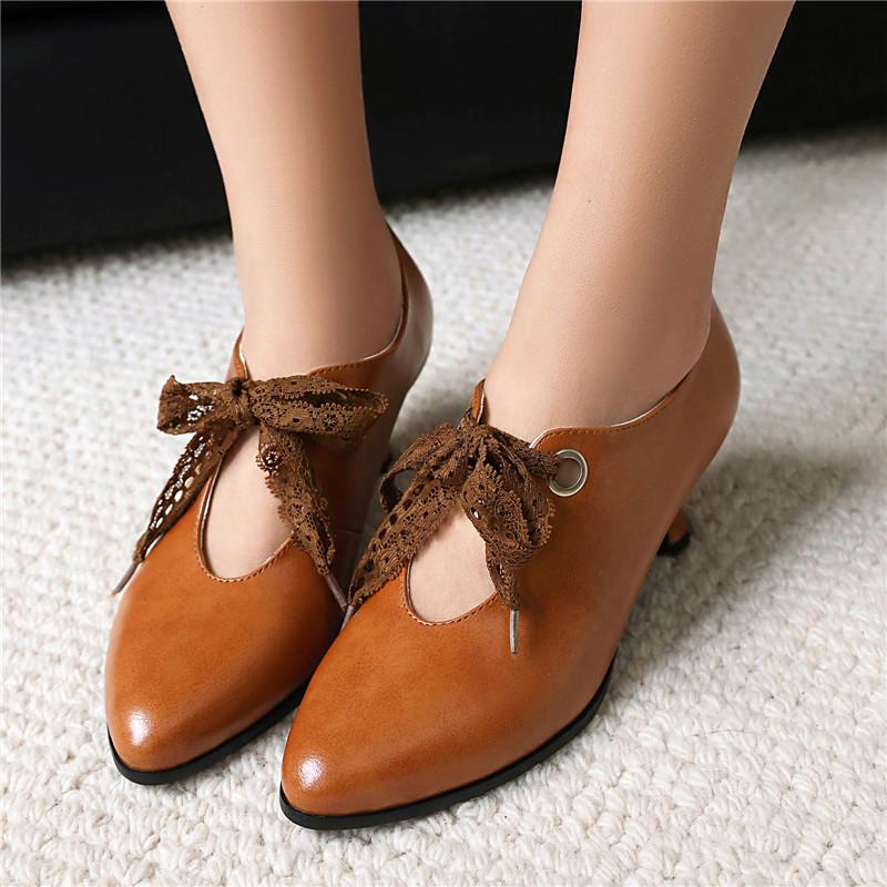 Women's Low-heeled Single Shoes Spring and Summer New Fashionable Small Pointed Large-size Lace-up Low-top Shoes