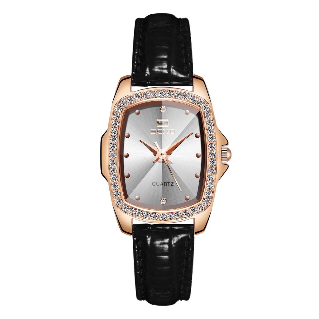 Женские часы SENO Retro Square Diamond с кожаным ремешком - Простой дизайн с кварцевым механизмом и бриллиантами.