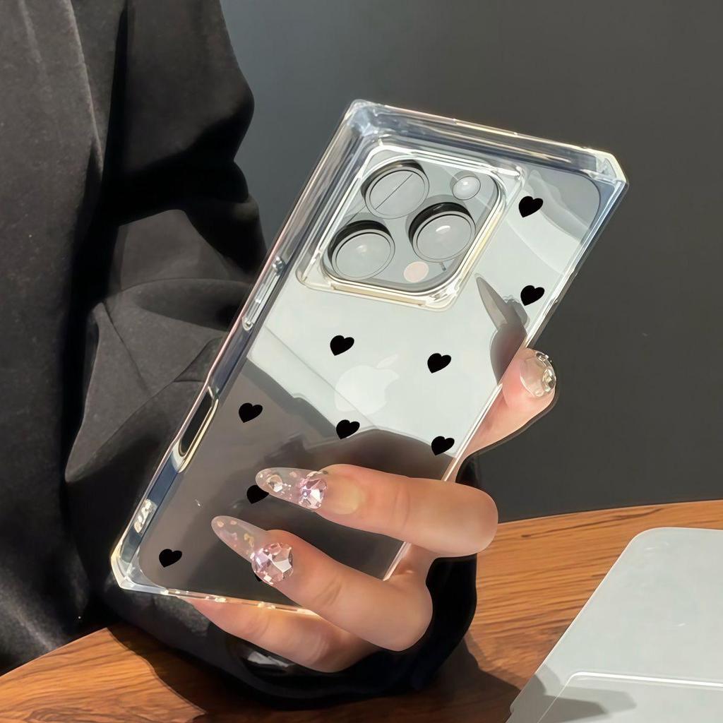 Прозрачный чехол с квадратной задней стенкой для iPhone 15 Plus 16 ProMax 11 12 14 Pro Max 13, защита от окисления, черный чехол с узором 'Любовь'