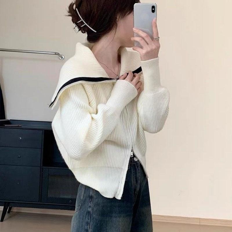 Женский свитер Design Sense с вырезом поло и молнией, кардиган, осень 2023, осень с длинными рукавами, трикотаж, свитер, кардиган, женские топы