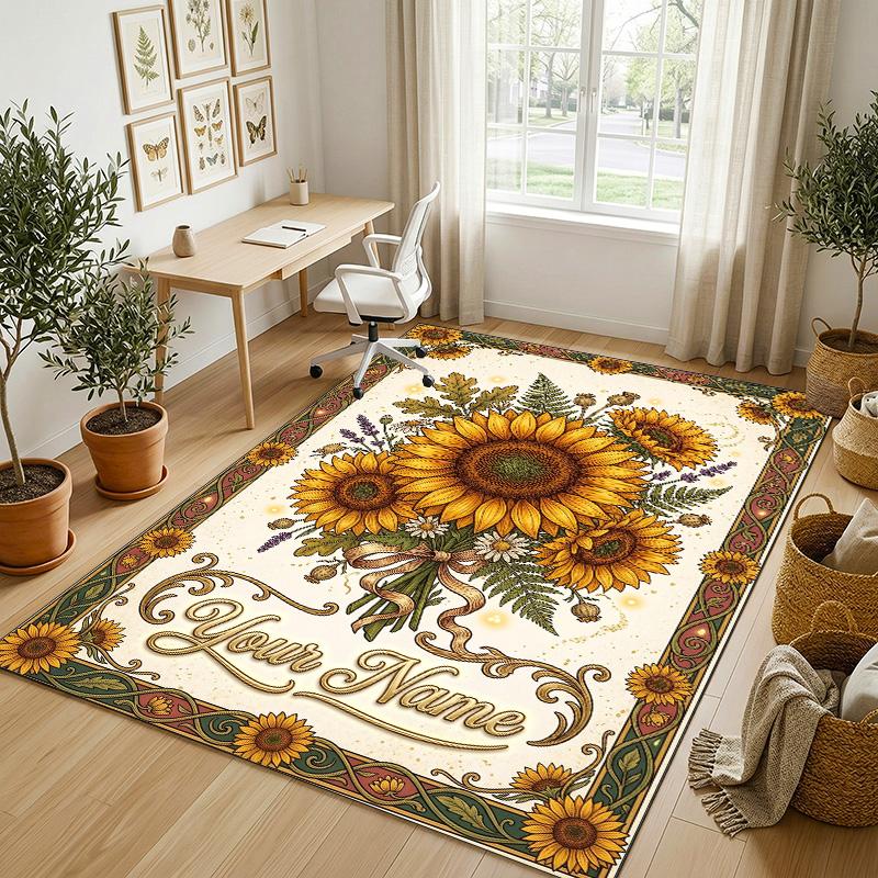 Floral Garden Theme Crystal Velvet Rug Personalized Custom Name Text Soft Floor Mat Home Decor
