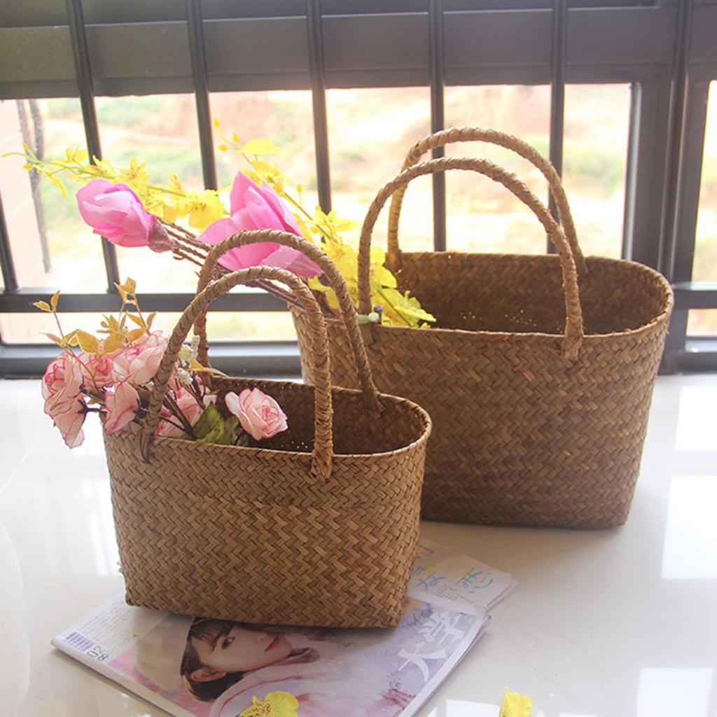 Seagrass Woven Basket Handmade Flower Basket Boho Beach Tote Storage Organizer for Home Decor Wedding Party DIY Craft