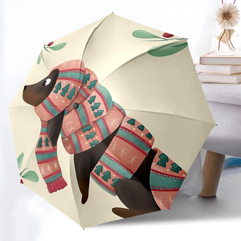 1pc Winter Festive DachshundAutomatic Folding Umbrella, Portable Collapsible Design, Casual Outdoor Accessory, for All Seasons 053