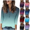 Women's Fashion Casual Retro Gradient Print V-neck Seven-quarter Sleeve Button Up T-shirt Top
