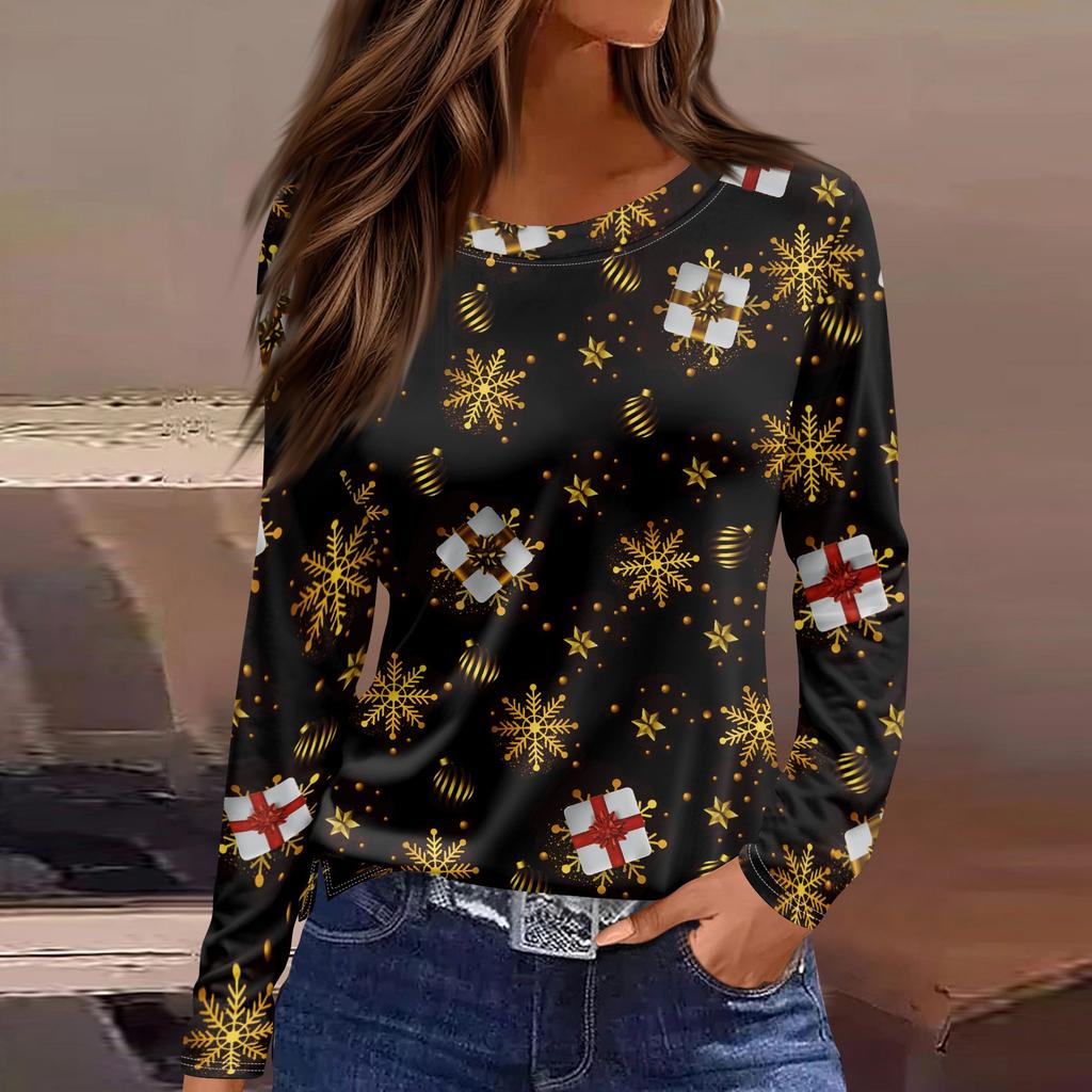 Women's Fashion Casual Slit Hem Round Neck Long Sleeve Loose Printed T-Shirt Ladies Top Christmas
