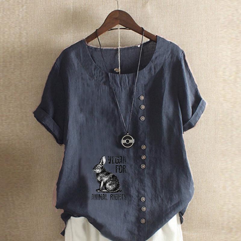 Женская модная футболка с круглым вырезом и коротким рукавом с милым принтом кролика, повседневная рубашка из хлопка и льна с рисунком, свободная летняя блузка для отдыха, топы