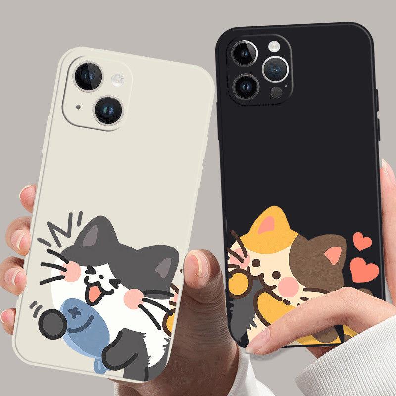 Милый чехол для телефона с парой кошек для iPhone 15 14 13 12 11 Pro Max Mini X XR 7 8 SE Plus SE20 Кавайный мультяшный животный пятнистый кошачий чехол
